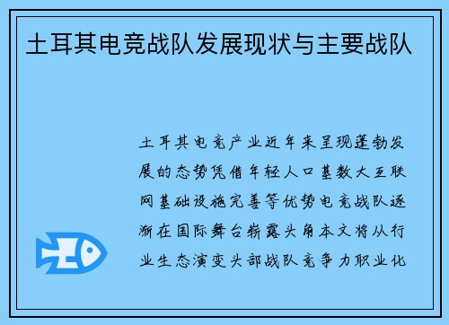 土耳其电竞战队发展现状与主要战队