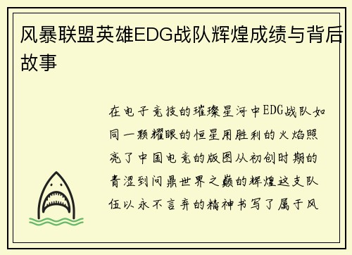 风暴联盟英雄EDG战队辉煌成绩与背后故事